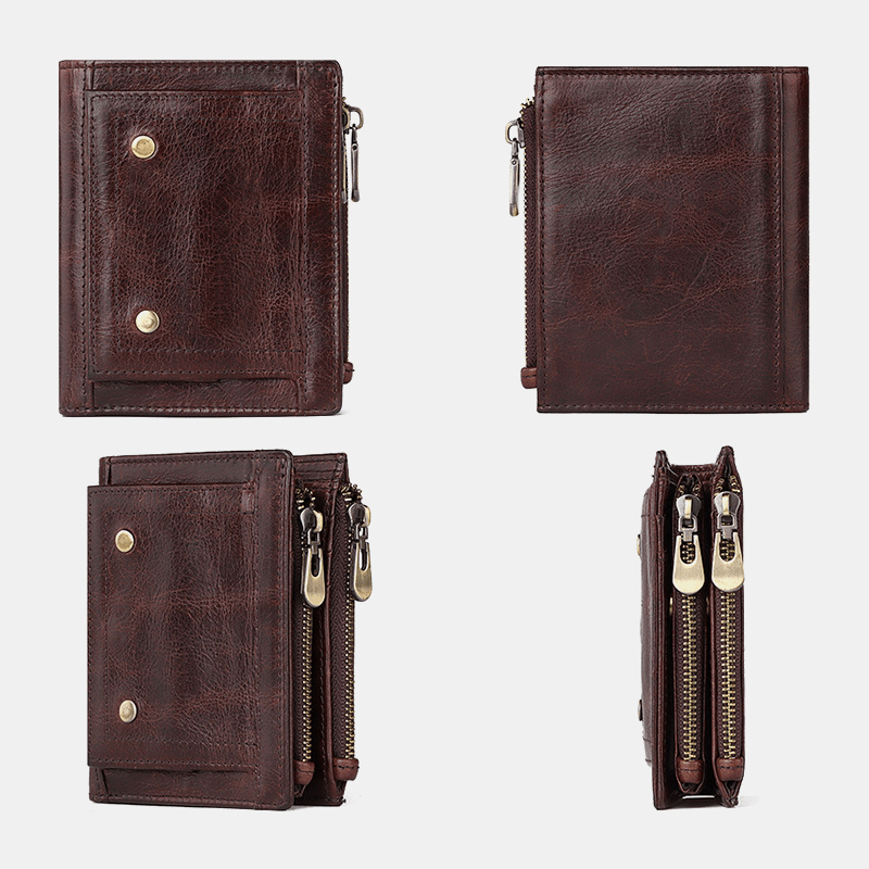 Men Genuine Leather RFID Anti-Theft Double Zipper Retro Business Multi Card Slot Leather Card Holder Wallet - MRSLM