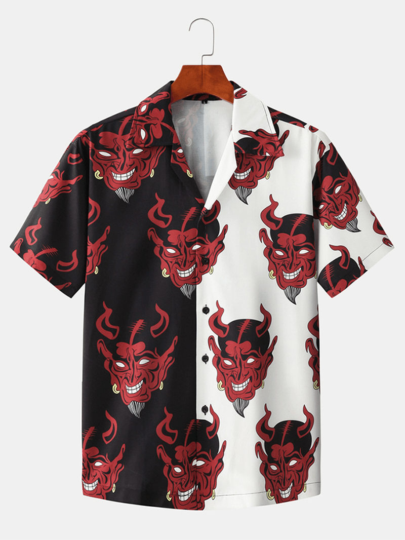 Mens Patchwork Devil Print Revere Collar Short Sleeve Designer Shirts - MRSLM