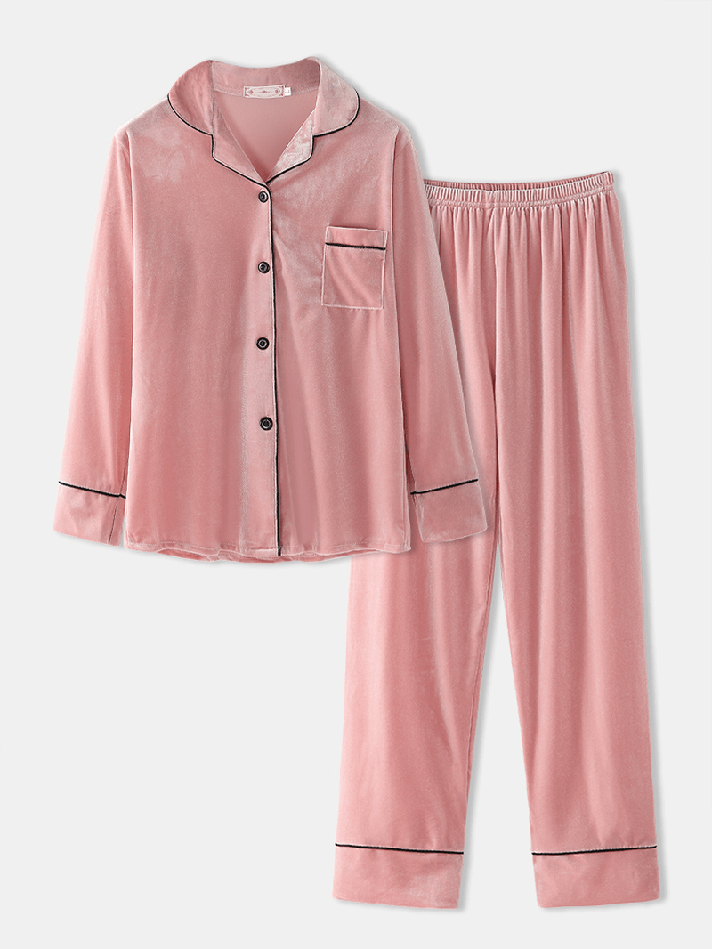 Women plus Size Velvet Lapel Button Loose Straight Pants Homewear Lounge Solid Pajamas Set - MRSLM