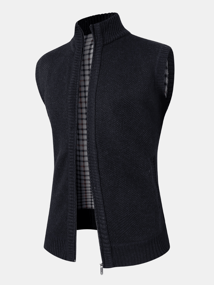 Mens Knit Zip Front Slant Pocket Thick Warm Sleevless Vests - MRSLM