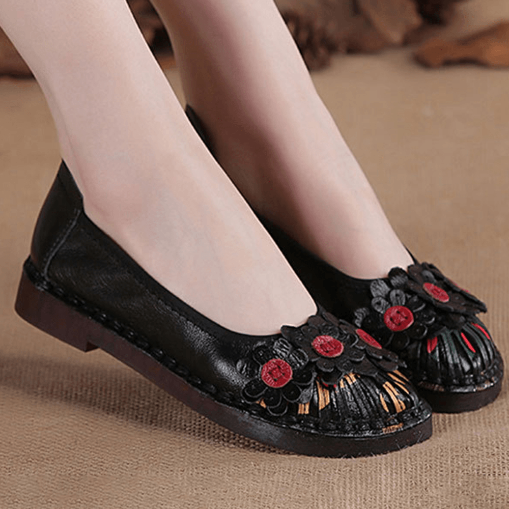 Women Retro Flowers Decor Handmade Stitching Non Slp Soft Sole Loafers - MRSLM
