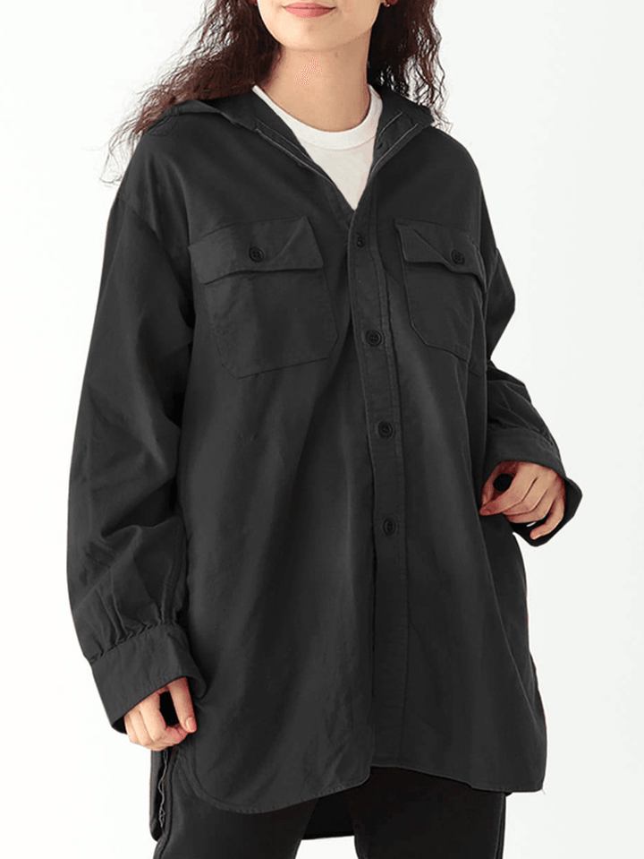 Women Button up High Low Relaxed Fit Cargo Jackets with Hood - MRSLM