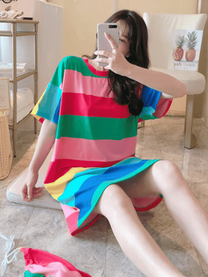 Women Colorful Striped Nightdress Oversize Short Sleeve Comfy Pajamas - MRSLM