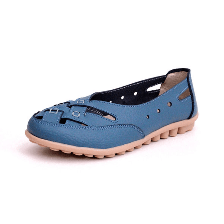 Women Summer Flat Casual Outdoor Hollow Out Leather Soft Comfortable Flat Loafers Shoes - MRSLM