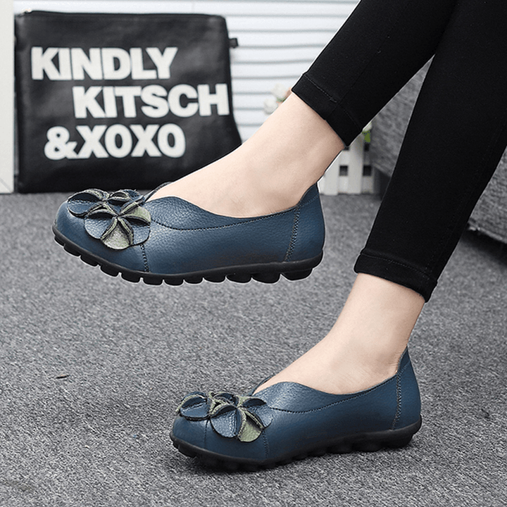 US Size 5-13 Women Flower Flat Shoes Casual Outdoor Leather Slip on round Toe Loafers - MRSLM