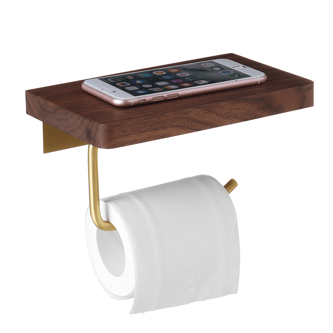 Bathroom Paper Holder Wooden with Metal Paper Shelf Toilet Phone Holder - MRSLM