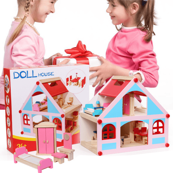 Wooden Delicate Dollhouse with All Furniture Miniature Toys for Kids Children Pretend Play - MRSLM
