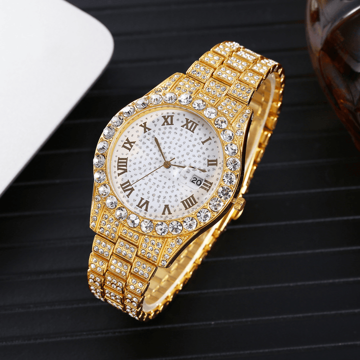 Fashion 2 Pcs/Set Alloy Diamond Business Watch Decorated Pointer Quartz Watch Bracelet - MRSLM