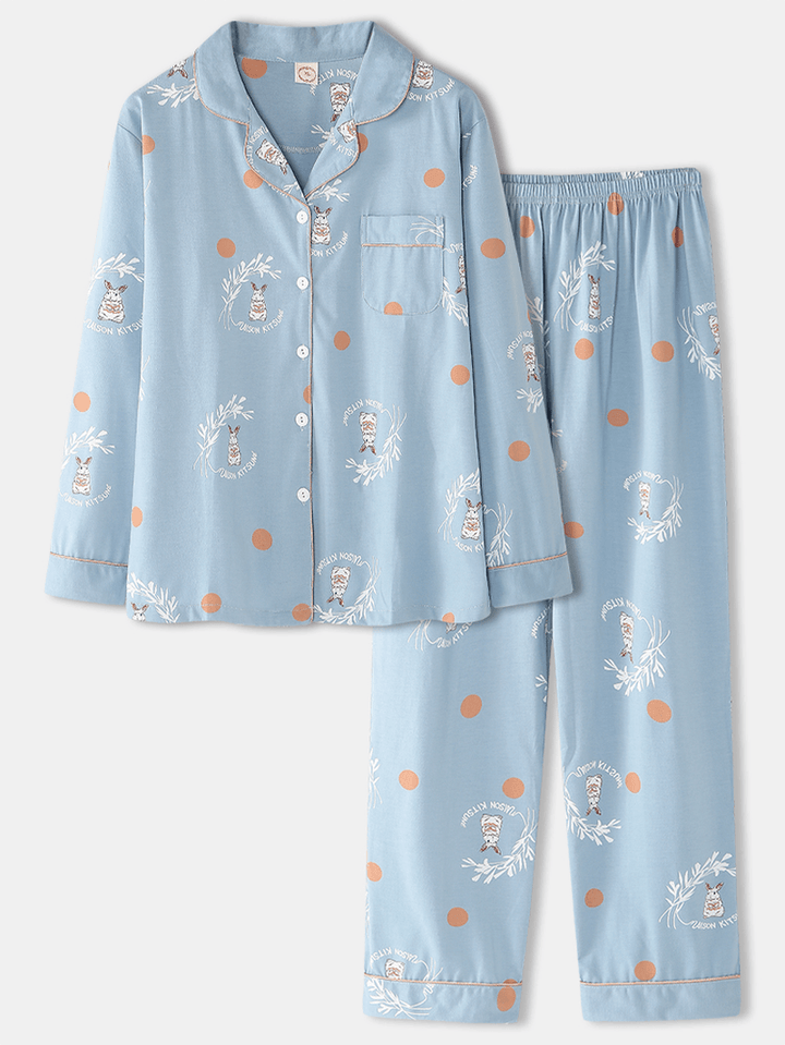 Women Cartoon Rabbit & Polka Dot Print Shirt Elastic Waist Home Pajama Set - MRSLM