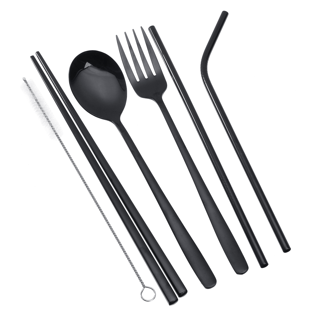 Stainless Steel Metal Drinking Straw Spoon Set Reusable Straws Fork Chopsticks Brush Kit - MRSLM