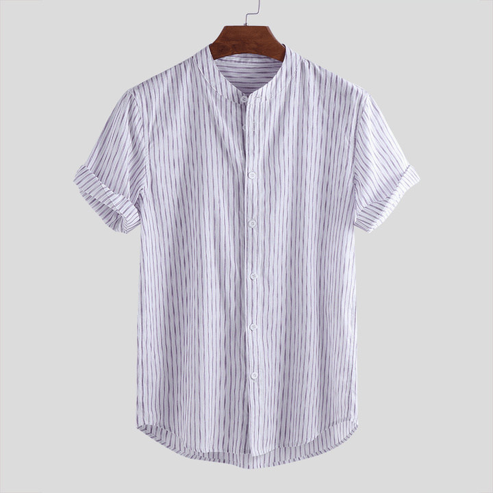 Men Vertical Stripe Relaxed Short Sleeve Shirts - MRSLM