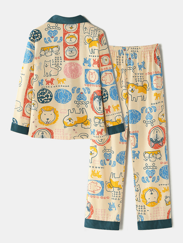 Women Cartoon Dog Print Camp Collar Long Sleeve Elastic Waist Cotton Pajama Set - MRSLM
