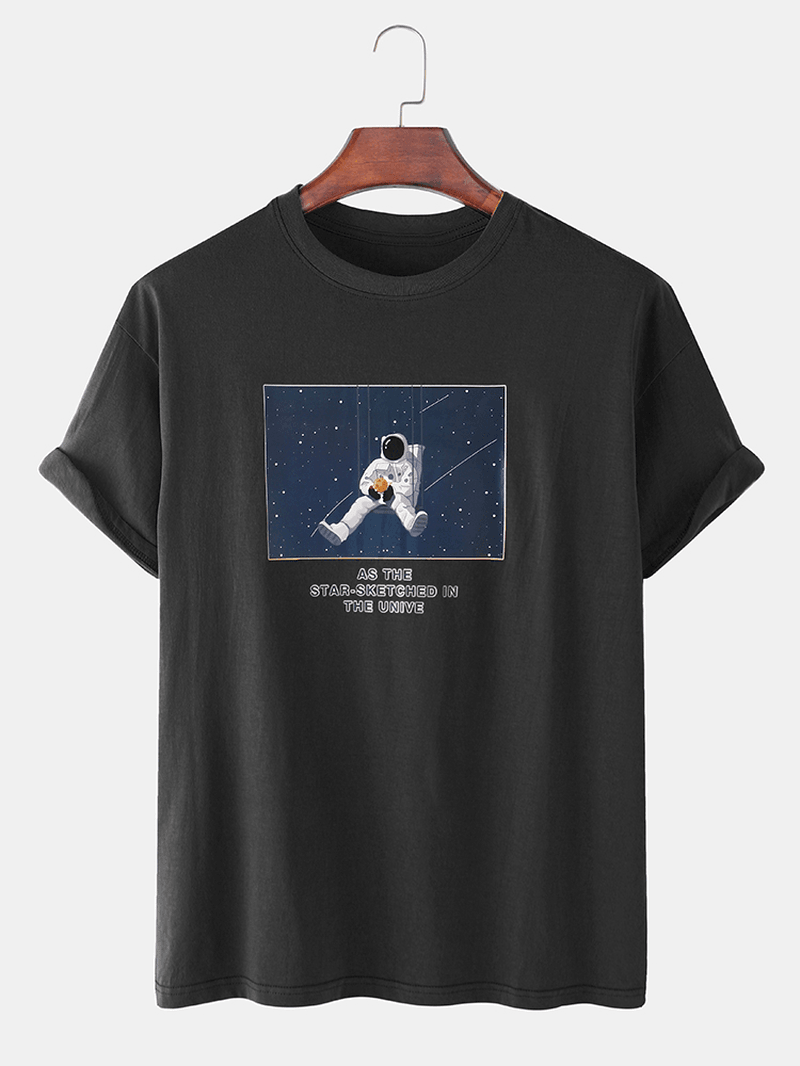 Cotton Space Astronaut Print round Neck Short Sleeve Loose T-Shirts - MRSLM