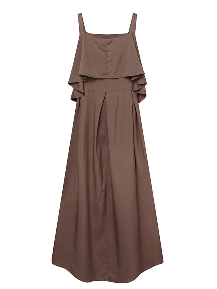 Women Solid Color Sleeveless Ruffles Hem Loose Baggy Causal Maxi Dress - MRSLM