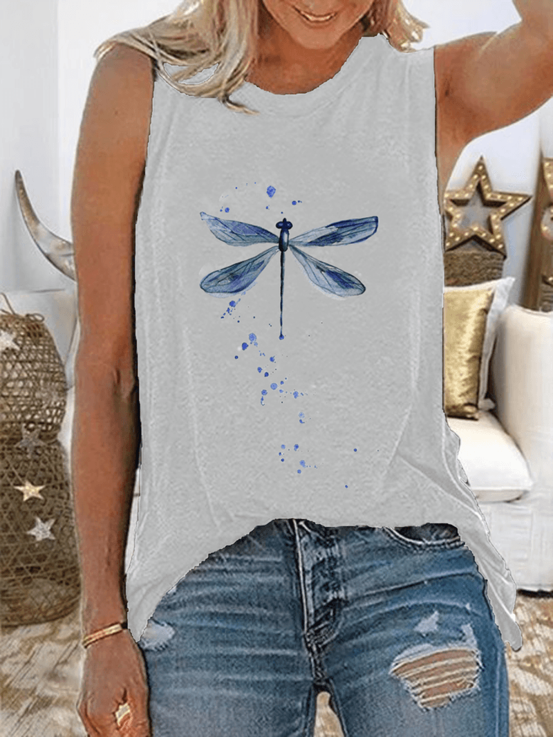 Women Dragonfly Print Sleeveless Casual Tank Tops - MRSLM