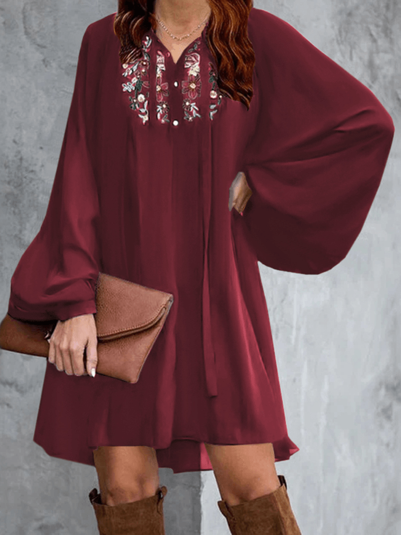 Flowers Embroidery Puff Sleeve Lace-Up Loose Bohemian Mini Dress for Women - MRSLM