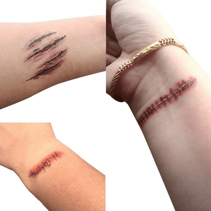 3Pcs Halloween Zombie Scars Tattoos Fake Scab Bloody Makeup Terror Wound Scary Blood Injury Sticker - MRSLM