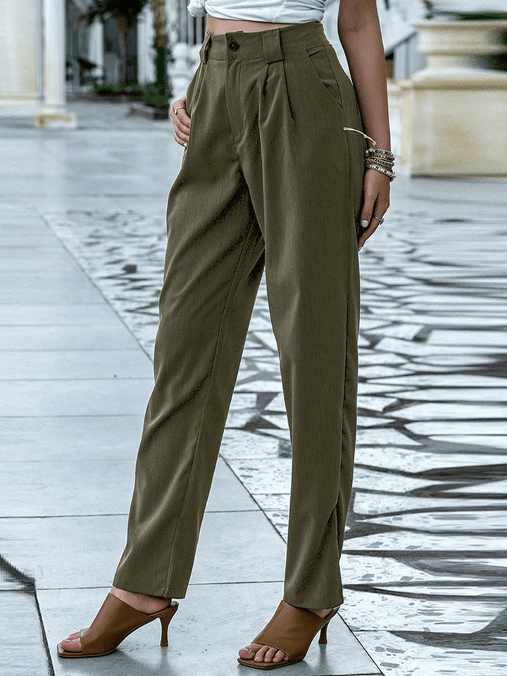 Women Solid Color Pleats Zipper Fly Casual Pants - MRSLM