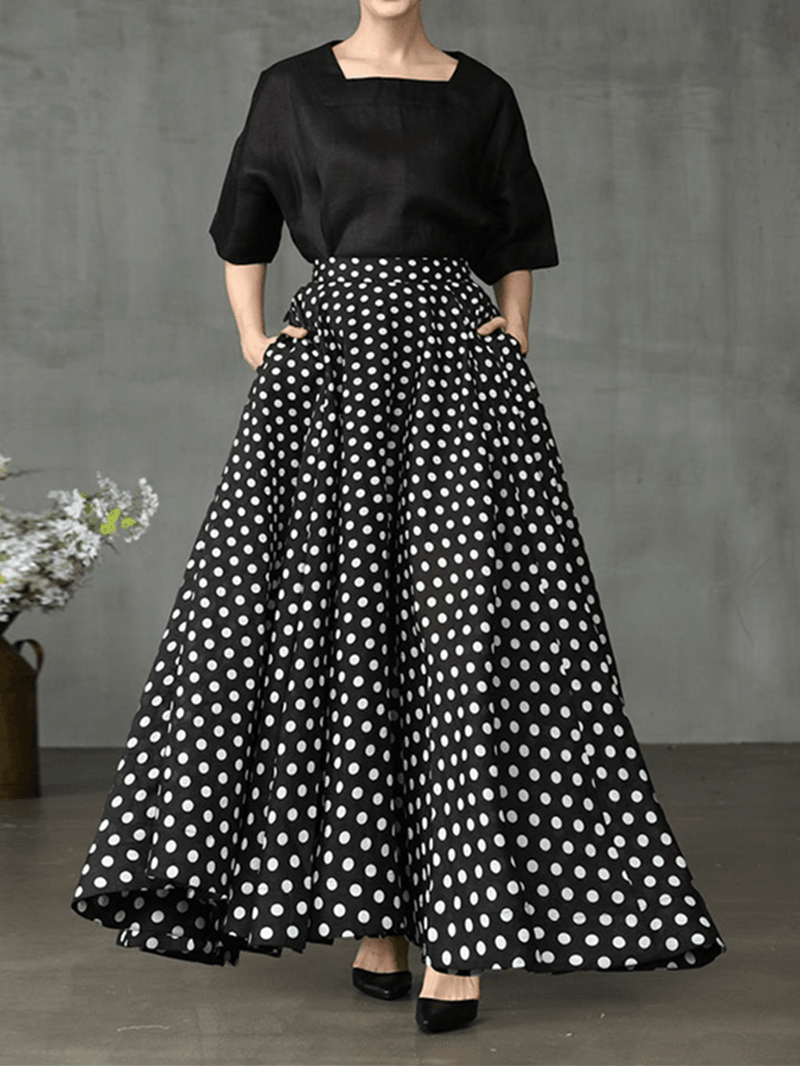 Women Polka Dot Print Loose Big Swing Side Pockets Casual Long Skirt - MRSLM