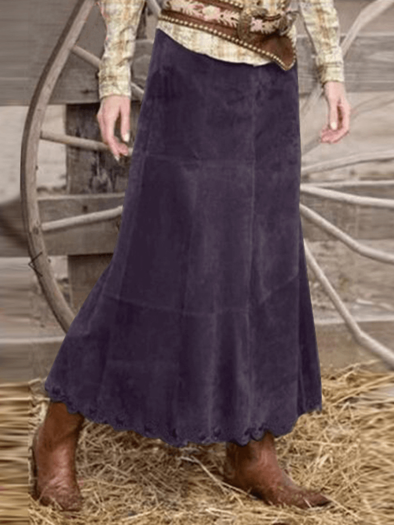 Women Corduroy Solid Color Frill Hem Back Zipper Casual Skirts - MRSLM
