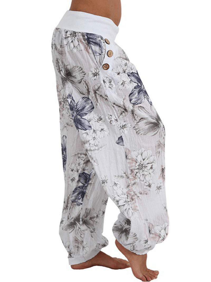 Women Casual Loose Floral Print Button Full Length Pants - MRSLM