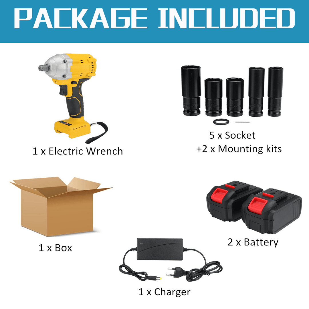 21V 520N.M Electric Cordless Impact Wrench 1/2" Brushless Driver Drill W/ 1/2Pcs Battery & 5Pcs Sockets Also Adaoted to Makita Battery - MRSLM