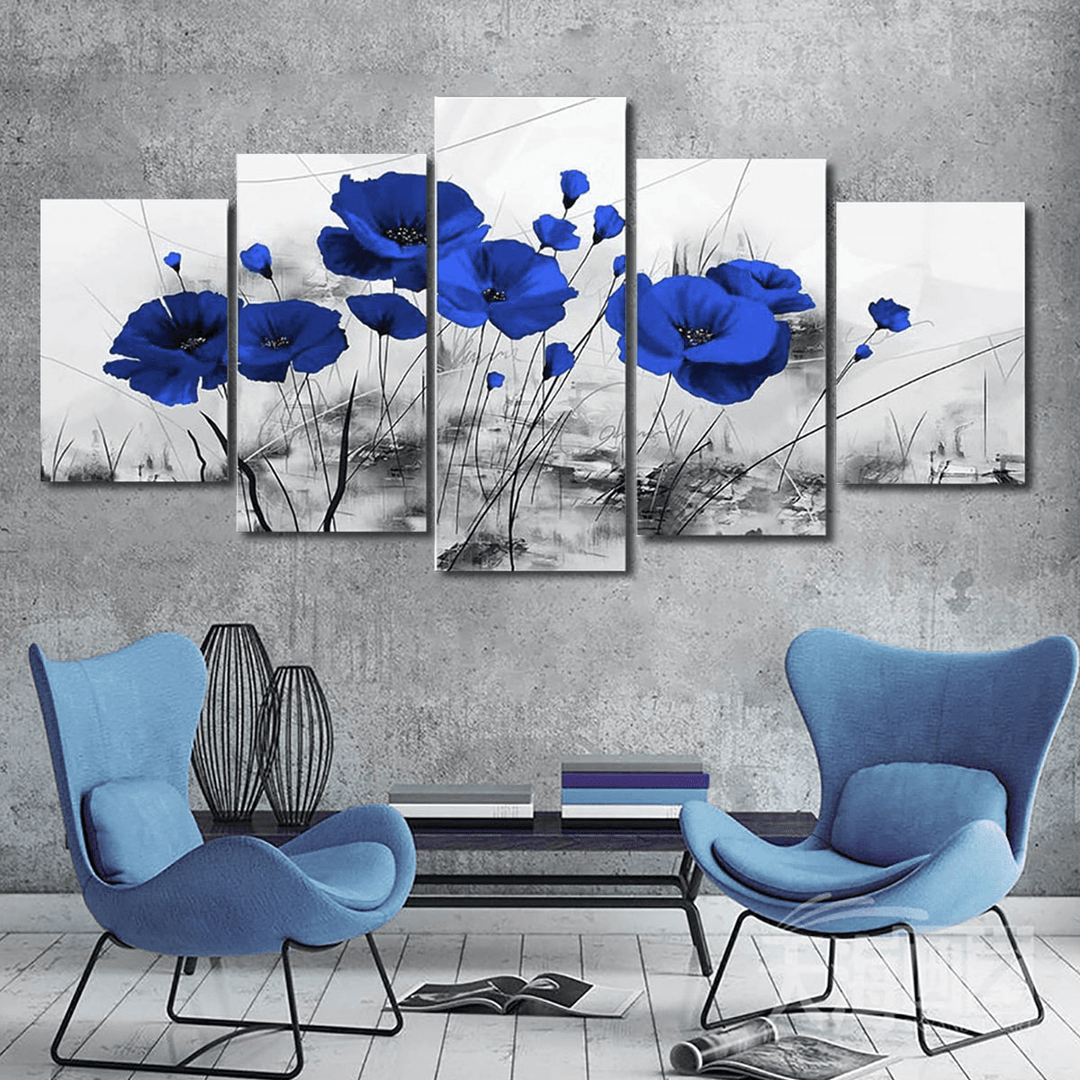 5Pcs Modern Wall Canvas Painting Red Blue Purple Ink Poppy Flower Home Decoration - MRSLM