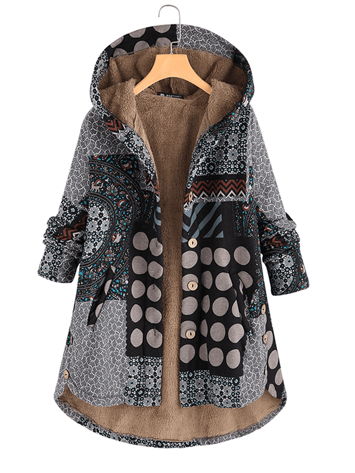 Vintage Women Printed Hooded Button Coats with Pockets - MRSLM
