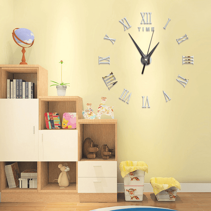 Large 3D DIY Wall Clock Roman Numerals Clock Frameless Mirror Surface Wall Sticker Home Décor for Living Room Bedroom - MRSLM