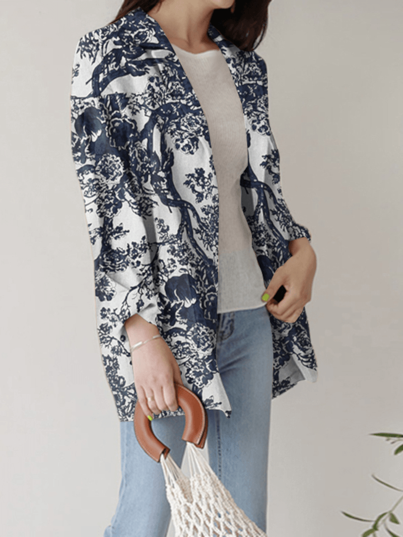 Women Loose Lapel Full Sleeve Floral Casual Side Pockets Coat - MRSLM