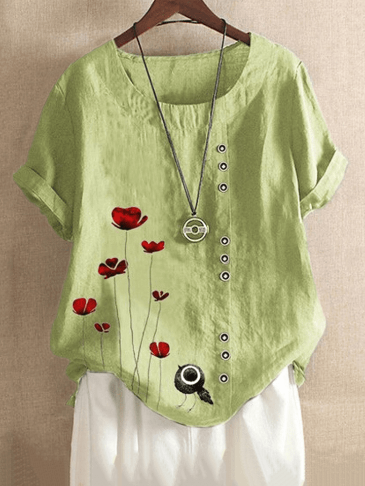 Women Vintage Red Flower Print Button Casual Loose T-Shirts - MRSLM
