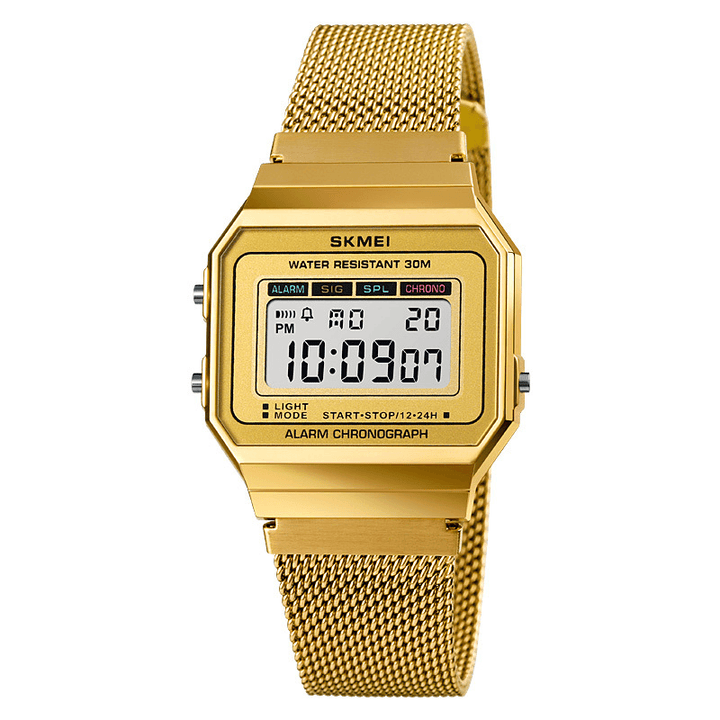 SKMEI 1639 Fashion Men Watch Date Week Display Stopwatch Waterproof LED Light Business Mesh Belt Digital Watch - MRSLM