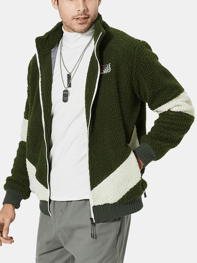 Mens Two Tone Patchwork Letter Embroidery Plush Zipper Jacket - MRSLM