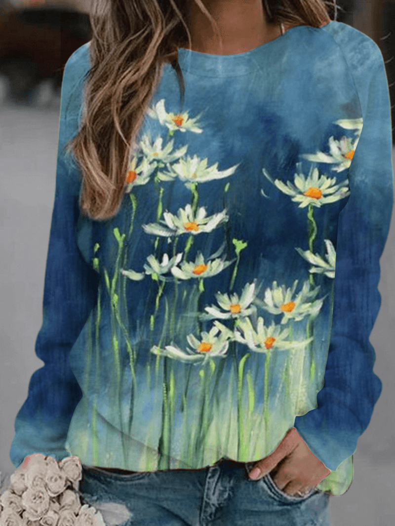 Women Floral Art Illustration Print round Neck Long Sleeve Blouses - MRSLM