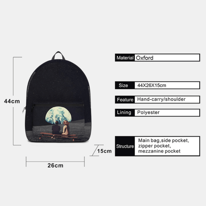 Unisex Oxford Environmental Protection Space Planets Earth and Moon Print School Bag Backpack - MRSLM