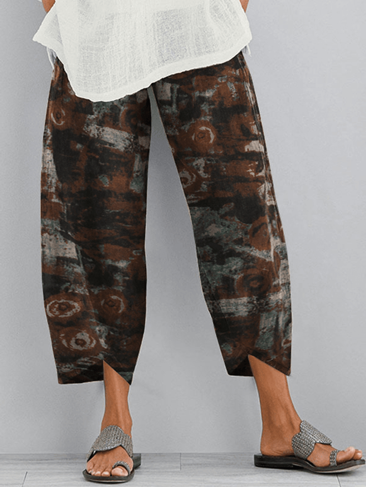 Floral Print Elastic Wasit Loose Irregular Hem Pocket Pants for Women - MRSLM