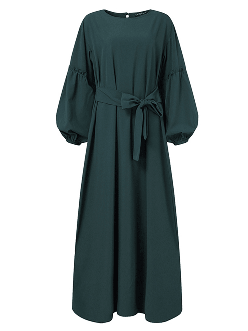 Women Long Sleeve Solid Color Belted O-Neck Button Maxi Dress - MRSLM