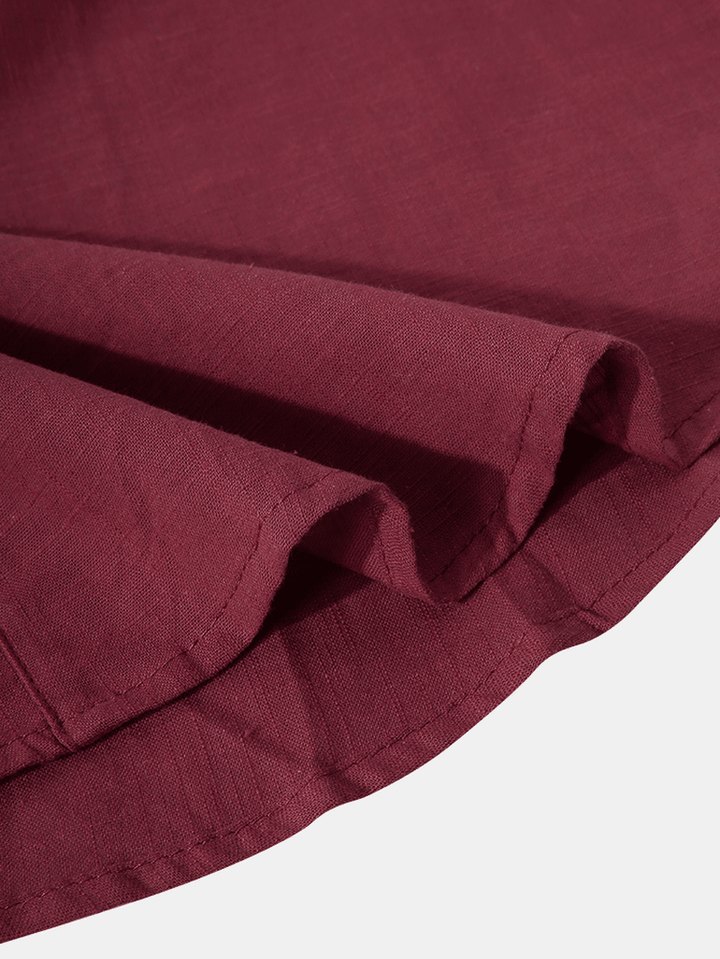 Mens Cotton & Linen Solid Color Long Sleeve Simple Henley Shirts - MRSLM