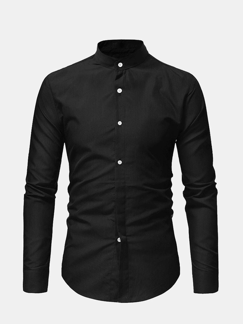 Mens Casual Business Stand Collar Slim Fit Long Sleeve Solid Color Shirts - MRSLM