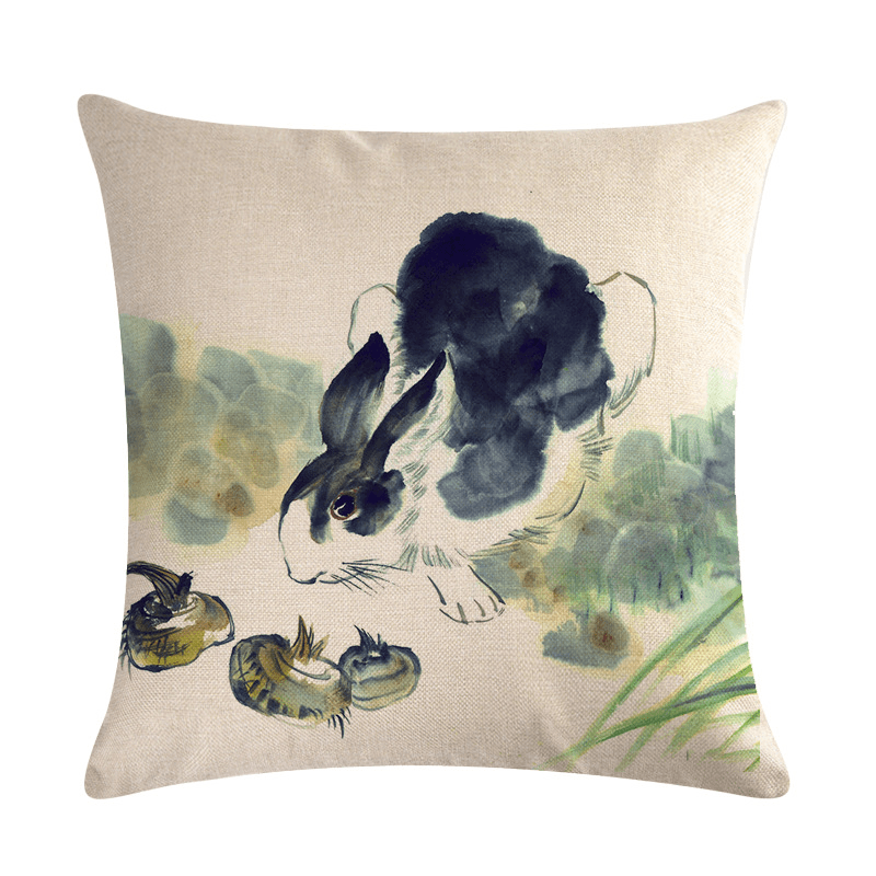 Chinese Watercolor Rabbit Printing Linen Cotton Throw Pillow Cover Home Sofa Office Seat Pillow Case - MRSLM