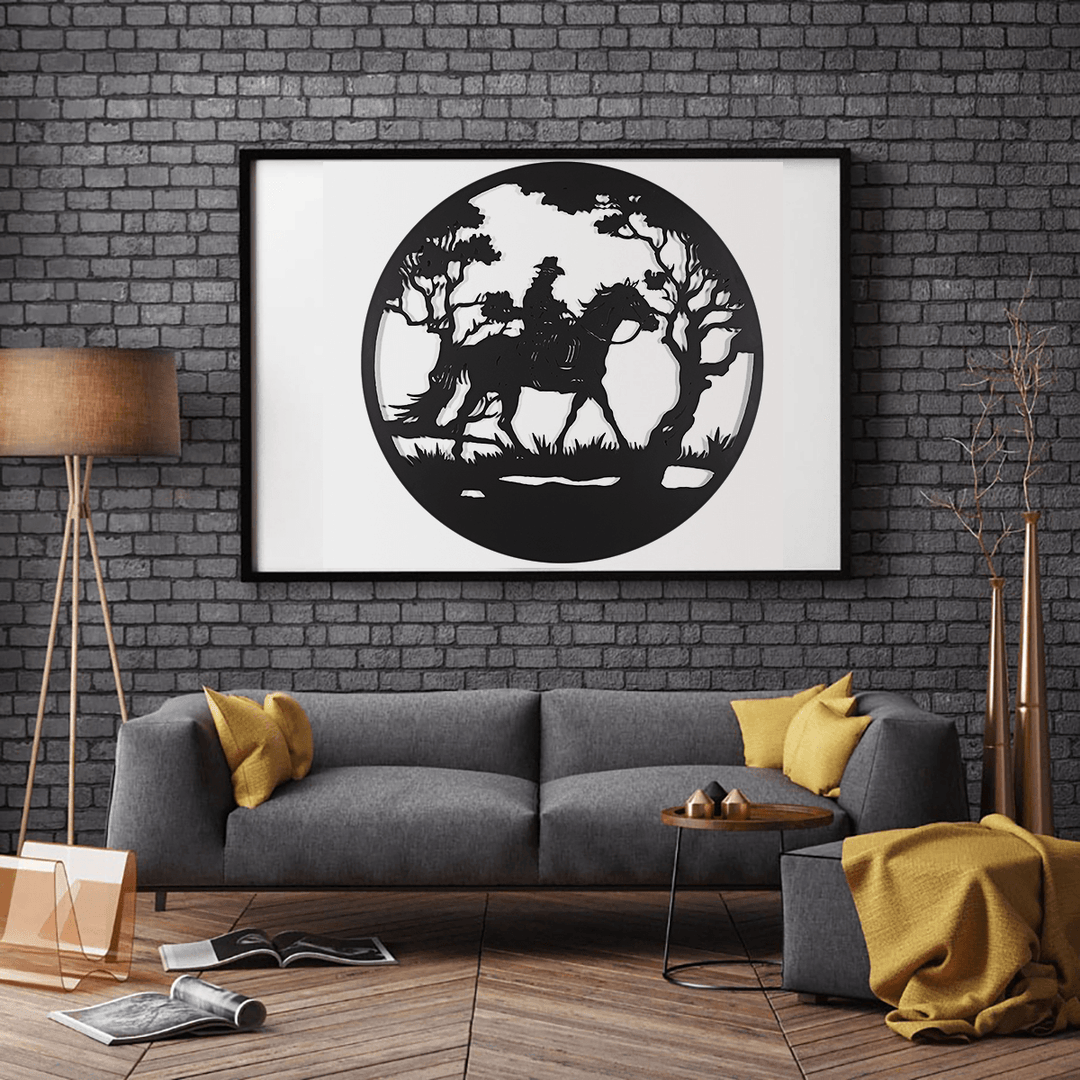 Man Riding Horse in Forest round Black Metal Wall Hanging Art Decoration Room - MRSLM