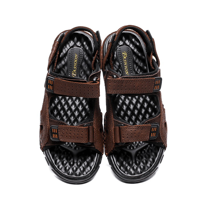 Men Summer Outdoor Comfy Cowhide Leather Non Slip Hook Loop Beach Sandals - MRSLM