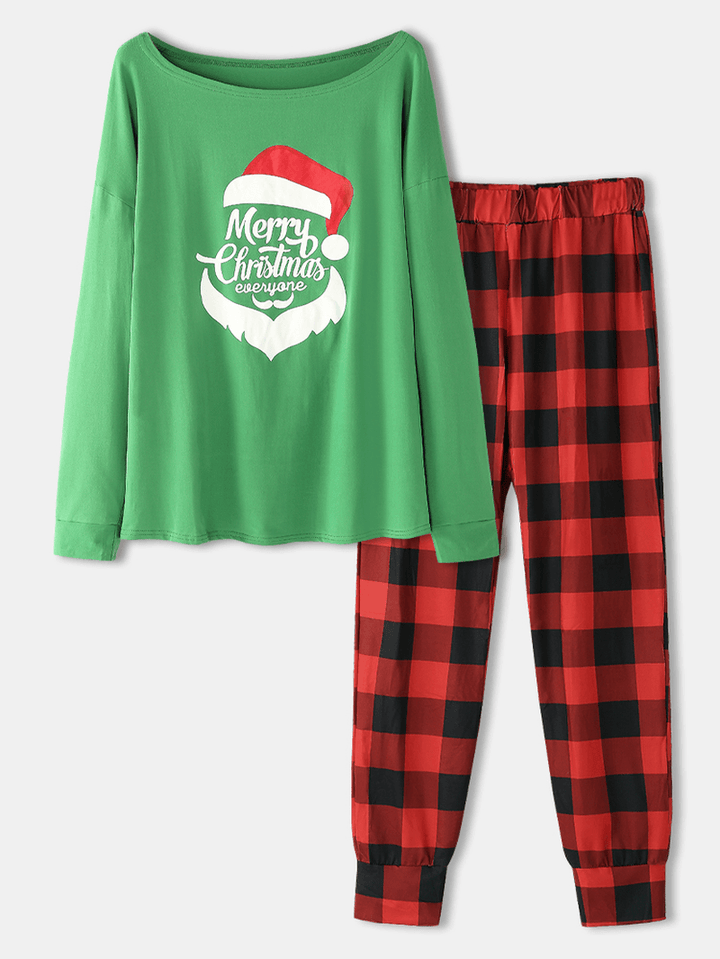 Women Christmas Letter Graphics Long Sleeve Pullover Plaid Elastic Waist Jogger Pants Home Pajama Set - MRSLM
