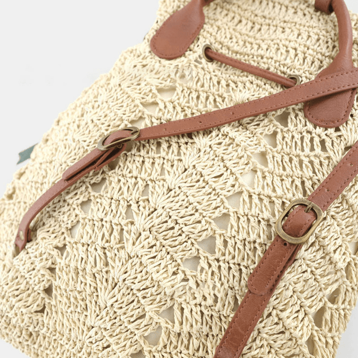 Women Mori Series String Straw Bag Dual-Use Woven Bag Retro Beach Bag Backpack - MRSLM
