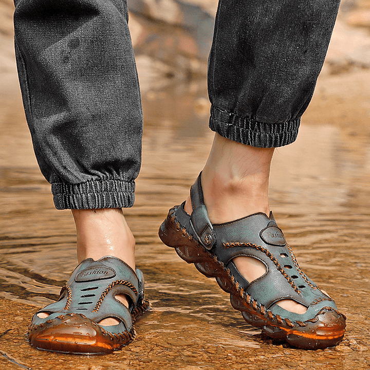 Men Microfiber Leather Waterproof Two-Ways Breathable Toe Protected Casual Sandals - MRSLM
