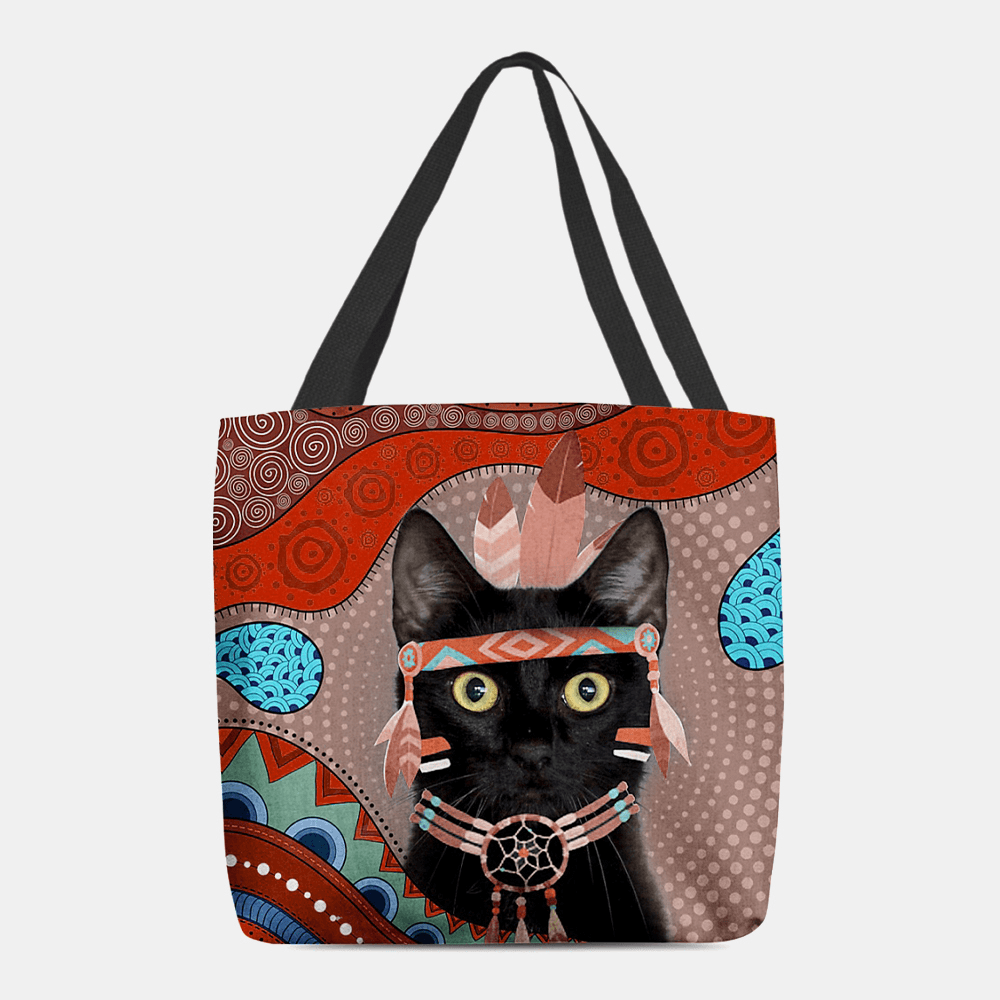 Women Felt Cute Cartoon Egyptian Dressed Black Cat Pattern Shoulder Bag Handbag Tote - MRSLM