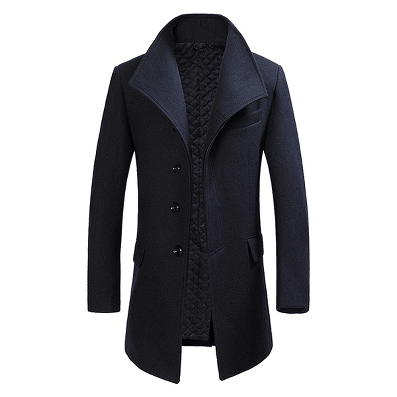 Mens Winter Single-Breasted Woolen Blended Trench Coat Fashion Solid Color Overcoat - MRSLM