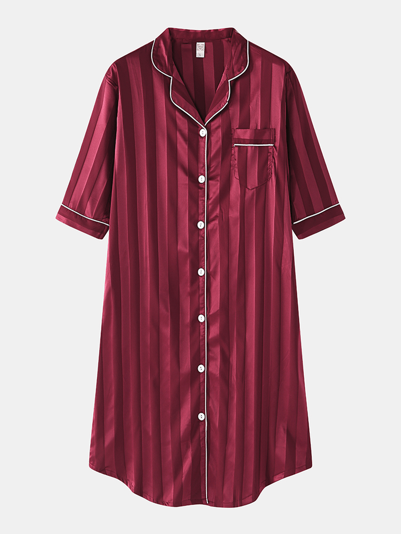 Women Silk Vertical Stripes Chest Pocket Long Sleeve Shirt Nightdress - MRSLM