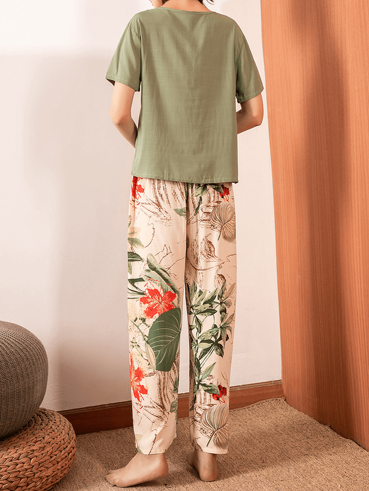 Women V-Neck Tops Tropical Plant Print Wide Leg Pants Casual Pajama Set - MRSLM