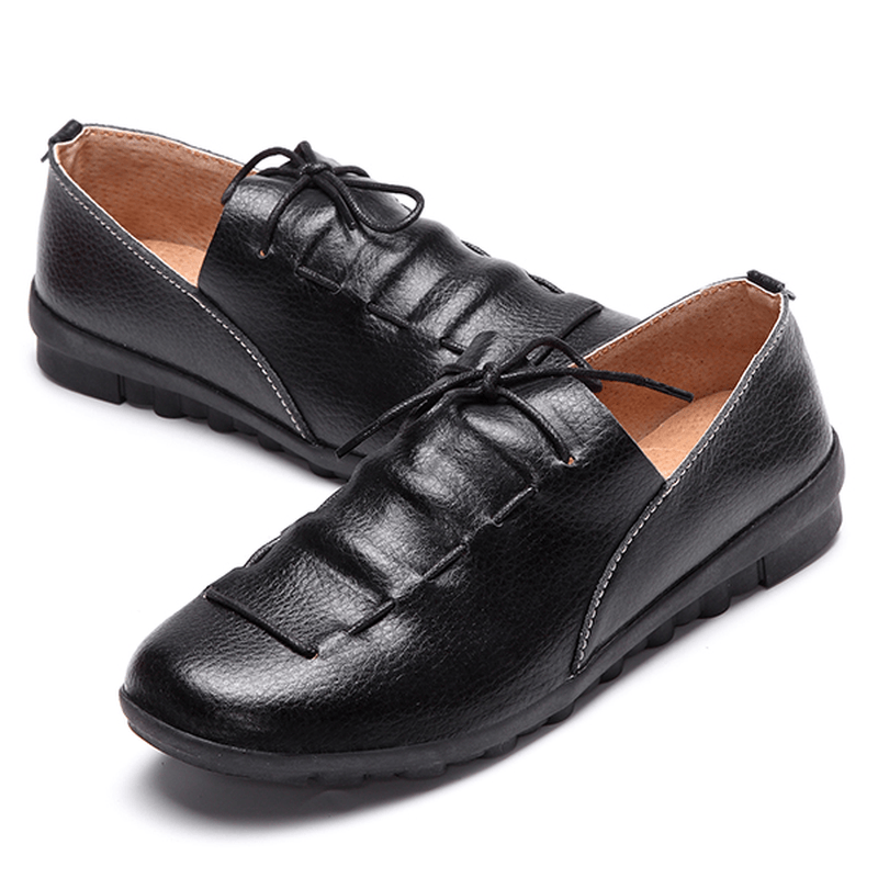 Casual Comfy Lace up Soft Leather round Toe Flat Loafer Shoe - MRSLM